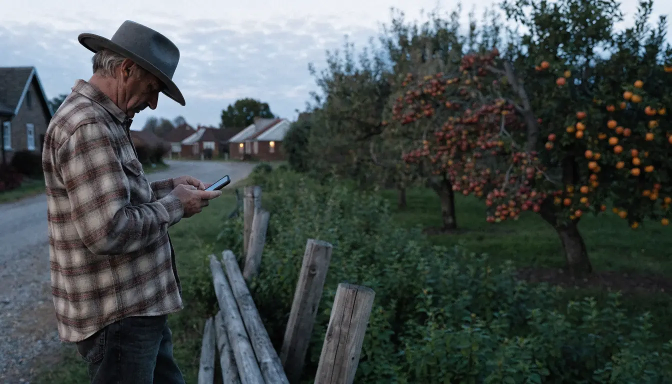 Man in his fifties scrolling on phone at dusk