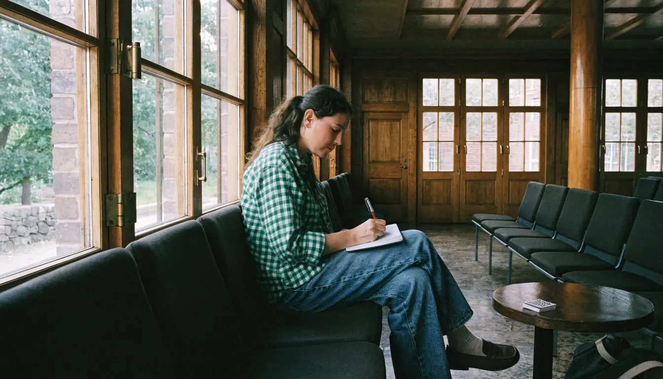 Woman writing in notebook beside a deck of cards
