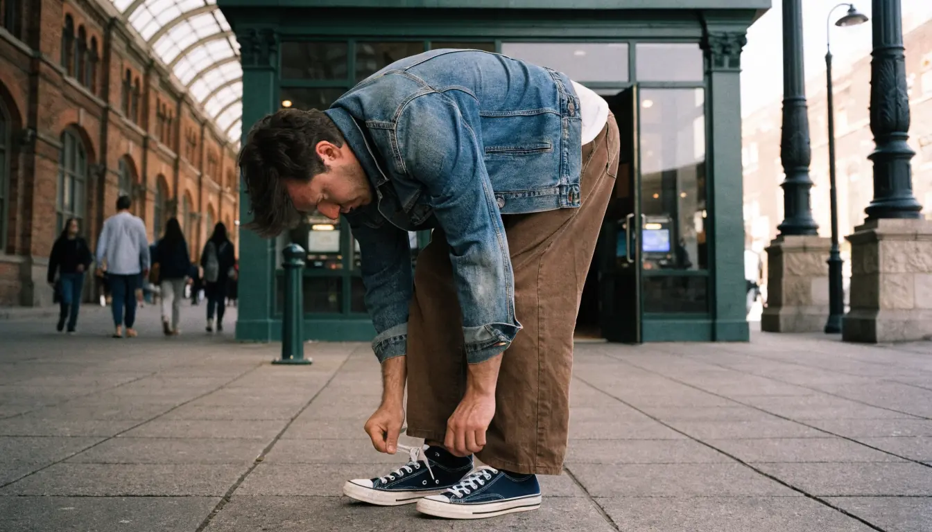 Man reties shoelace in covered arcade near gaming venue