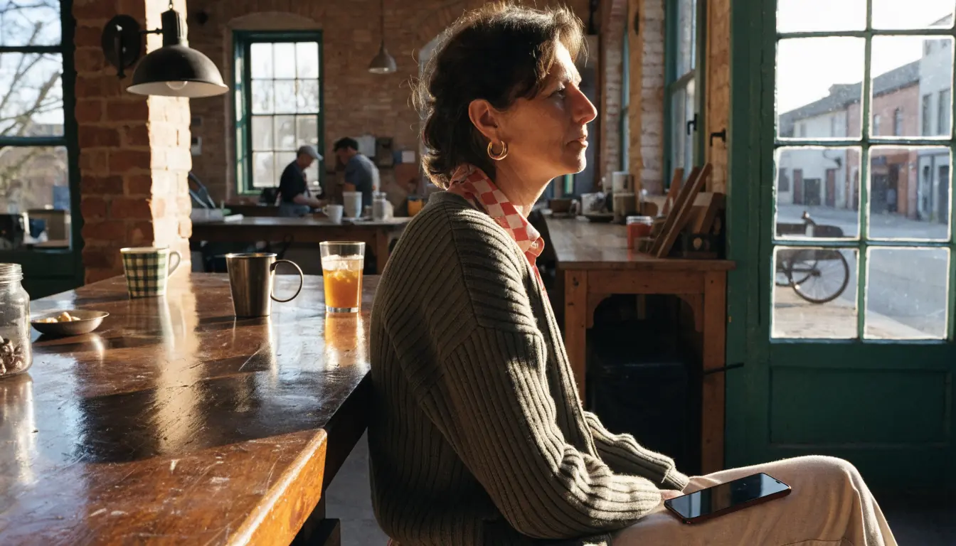 Woman with smartphone on lap in workshop
