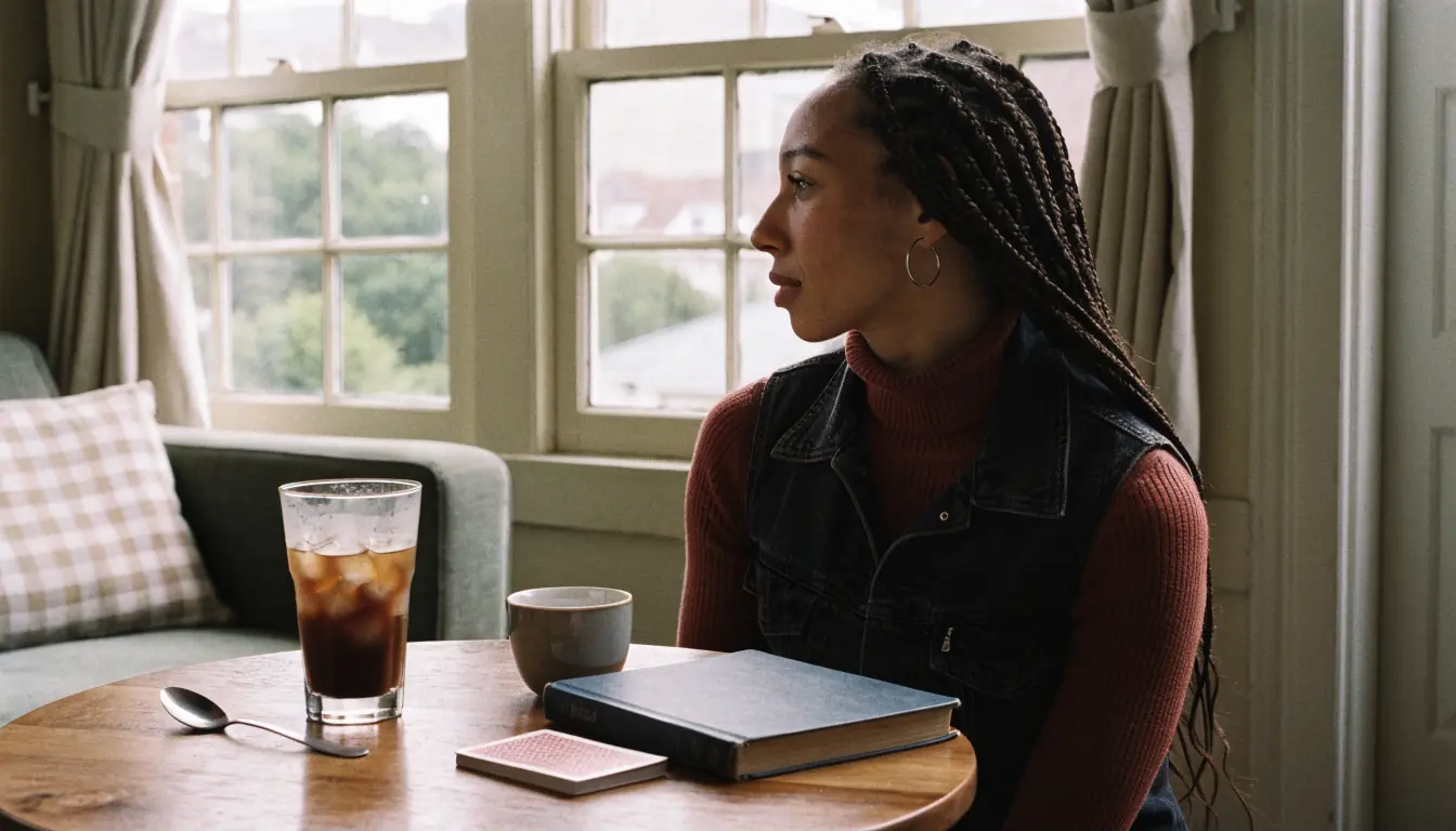 Barista watching distance, cards peeking under book