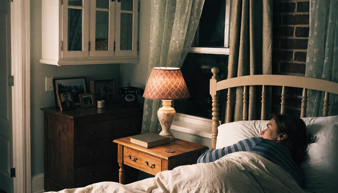 Bedroom bedside table with book and casino chip