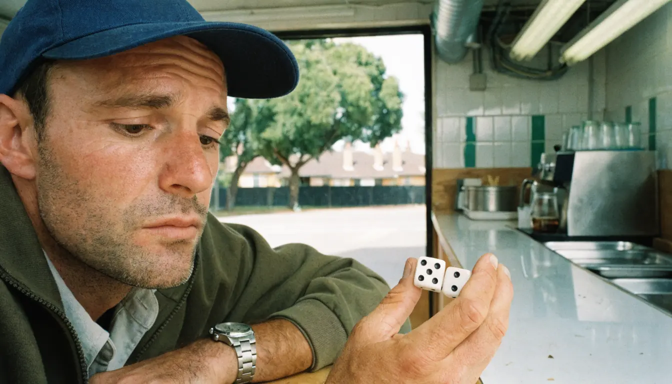 Hand holding two dice in school canteen