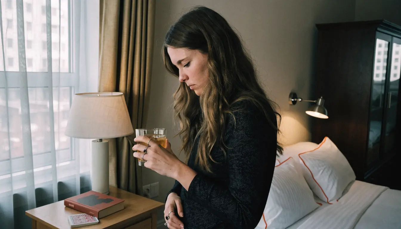 Woman in hotel room, cards peeking from book