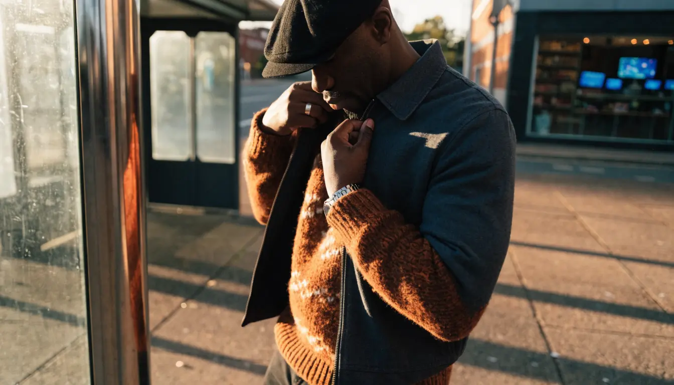 Adult man adjusting jacket at sunset-lit bus stop, blurred gaming lounge behind