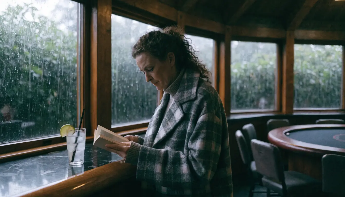 Tourist reading paperback in tournament cardroom under stormy light