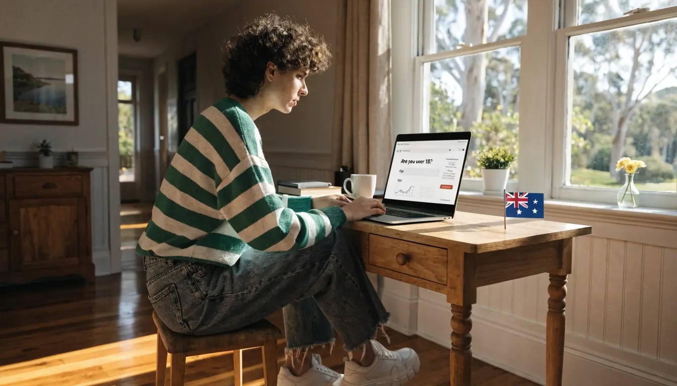 Young adult checking age verification on laptop in Australian home