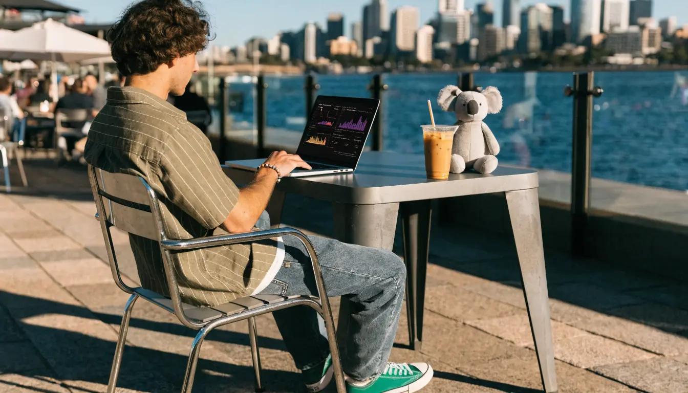 Australian café scene with laptop and koala plush