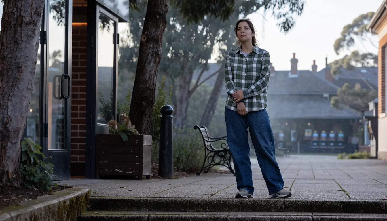 Woman in early-morning forecourt, hands folded, blurred lounge behind