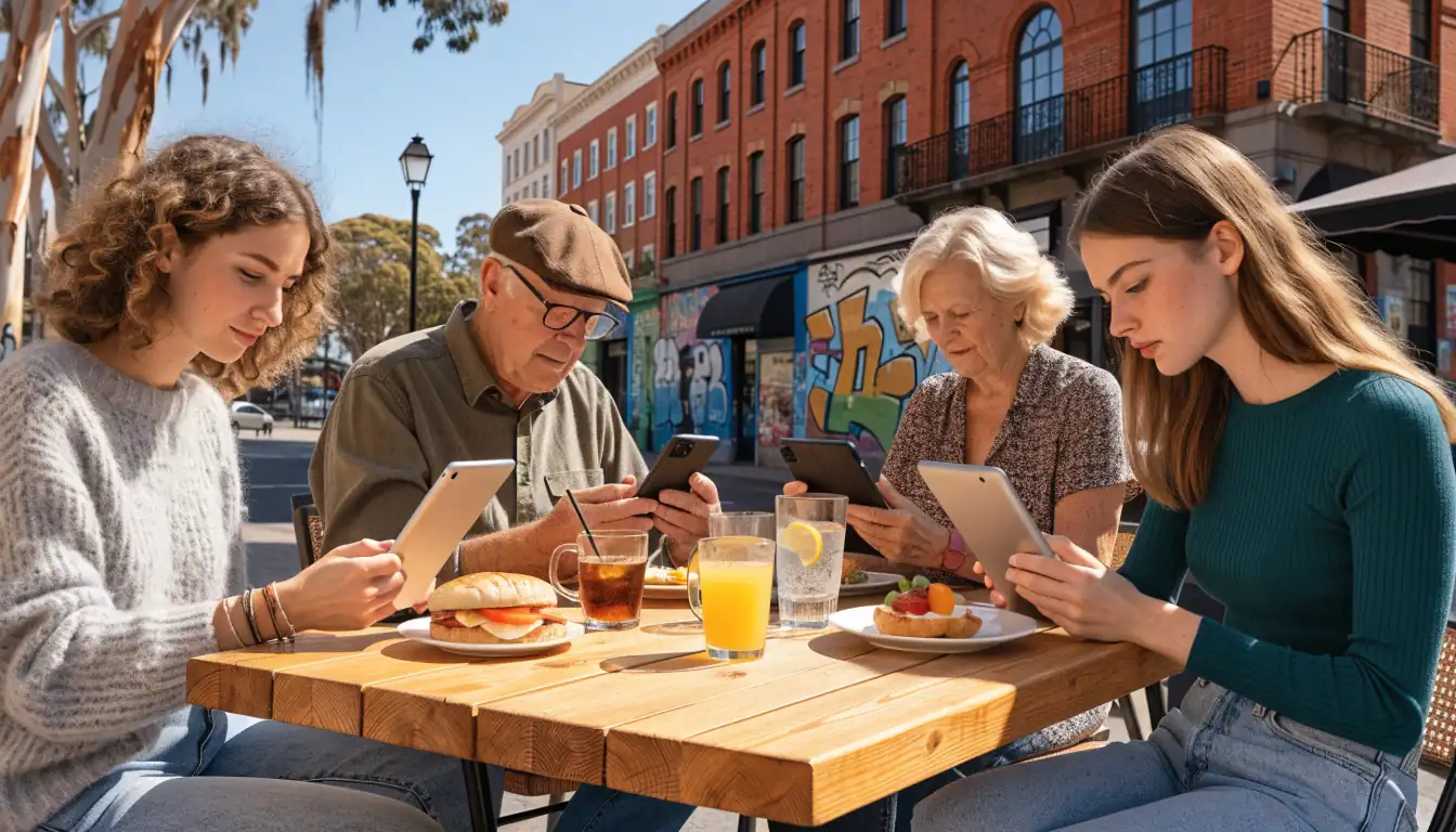People playing online casino games on tablets at an Australian cafe