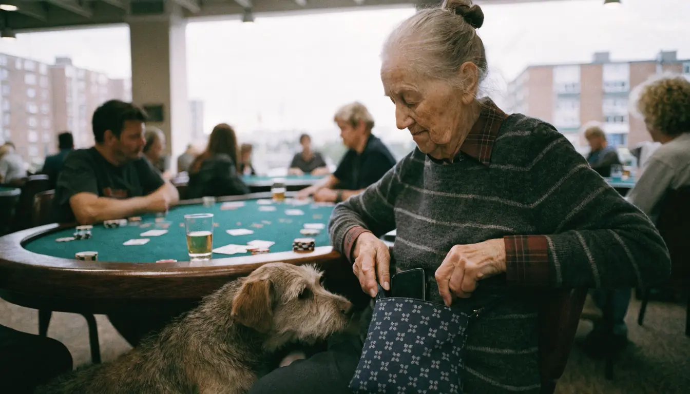 Elderly woman with dog puts phone away