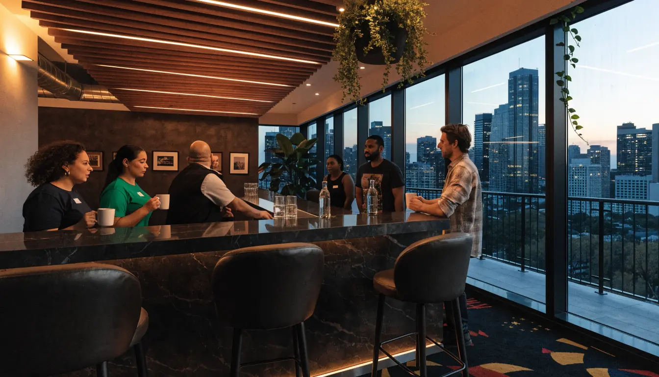 Casino staff lounge with employees near coffee bar