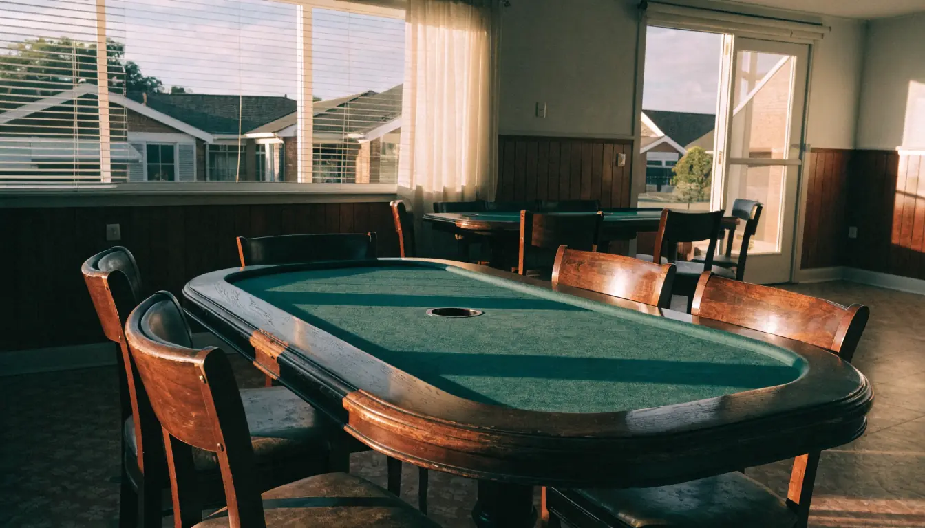 Sunlit empty poker lounge with long shadows