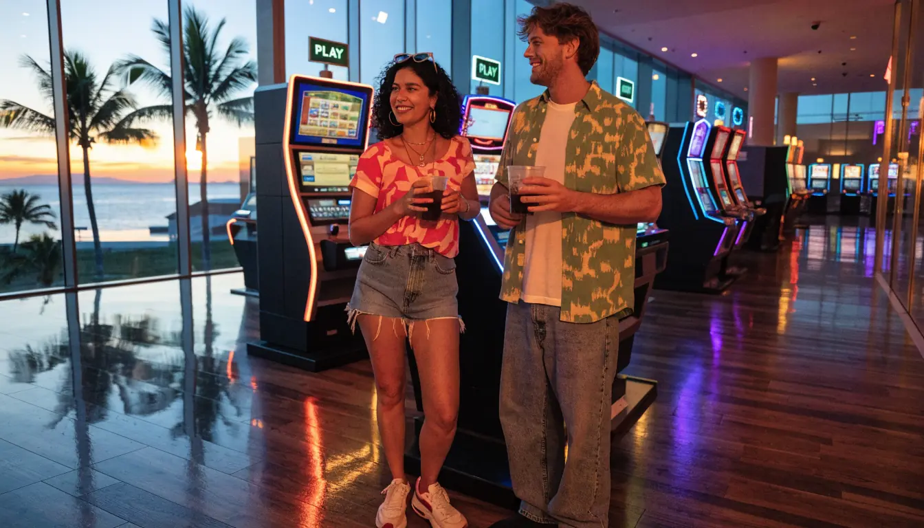 Couple playing slot machine at Darwin casino sunset