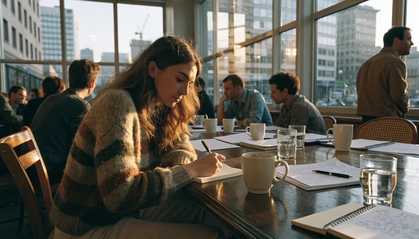 Woman writes in notebook under golden light in editorial office.