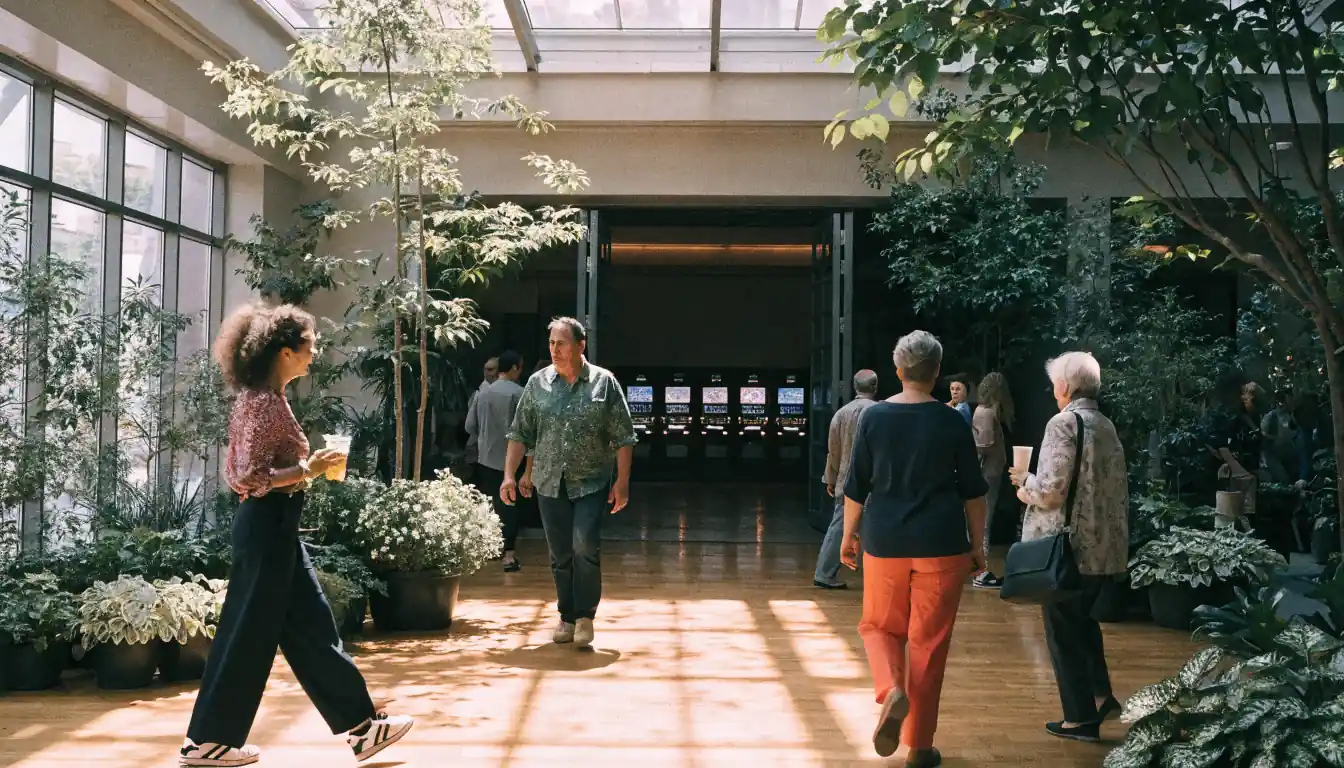 Indoor garden atrium with blurred poker machines