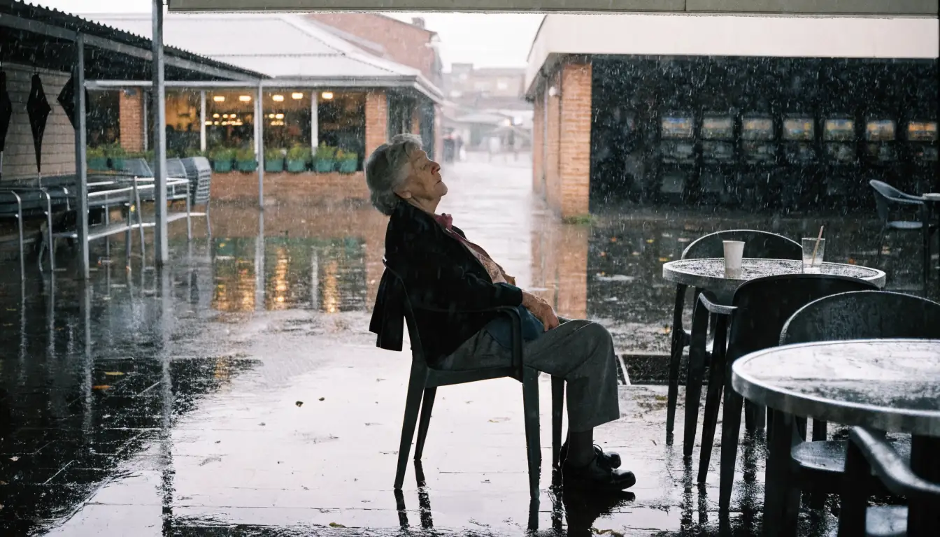 Elderly woman resting in rainy Australian courtyard, blurred poker machines behind.