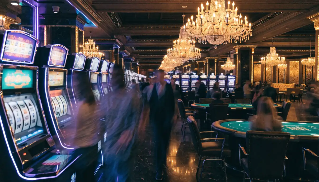 Night interior of Crown Perth casino with slots and neon lights
