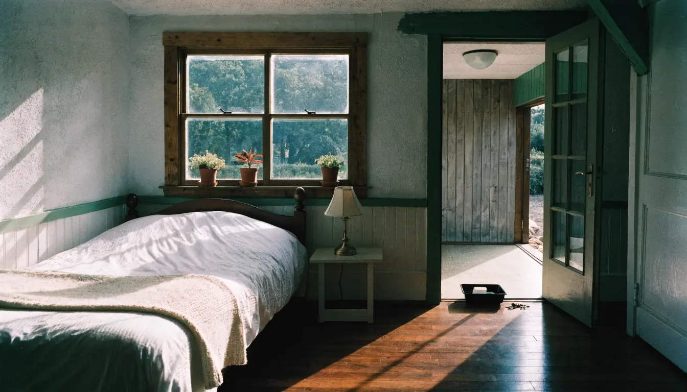 Motel room interior with a face‑down playing card on tray.