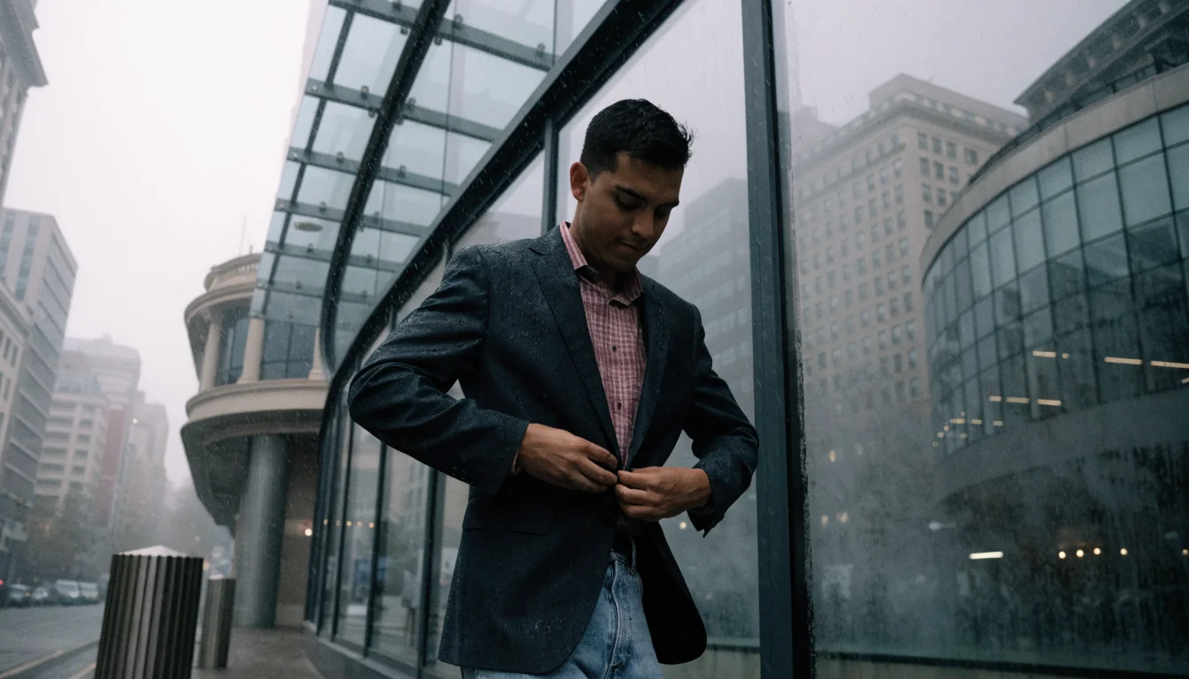 Young man adjusting jacket in foggy studio aisle