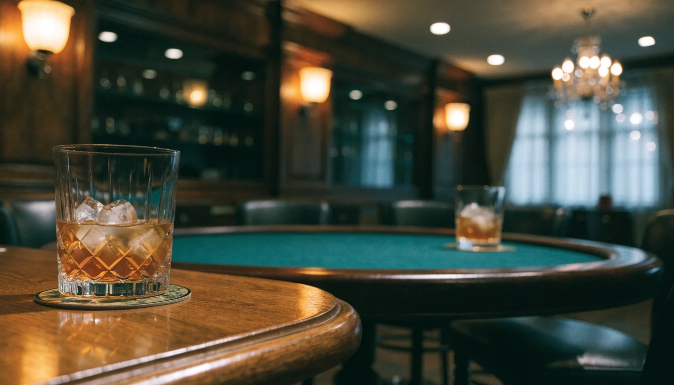Empty poker table under soft night lighting
