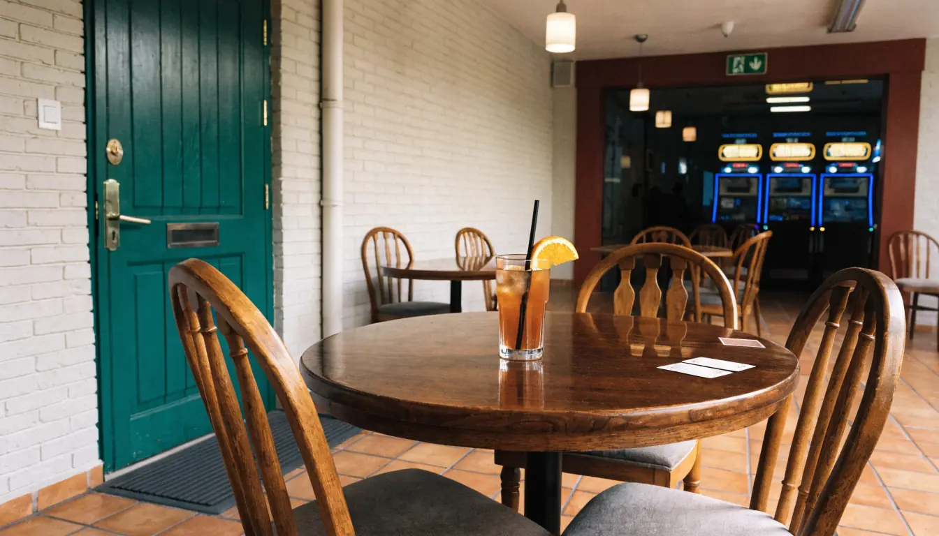 Empty bistro waiting area with face‑down playing cards on a table.