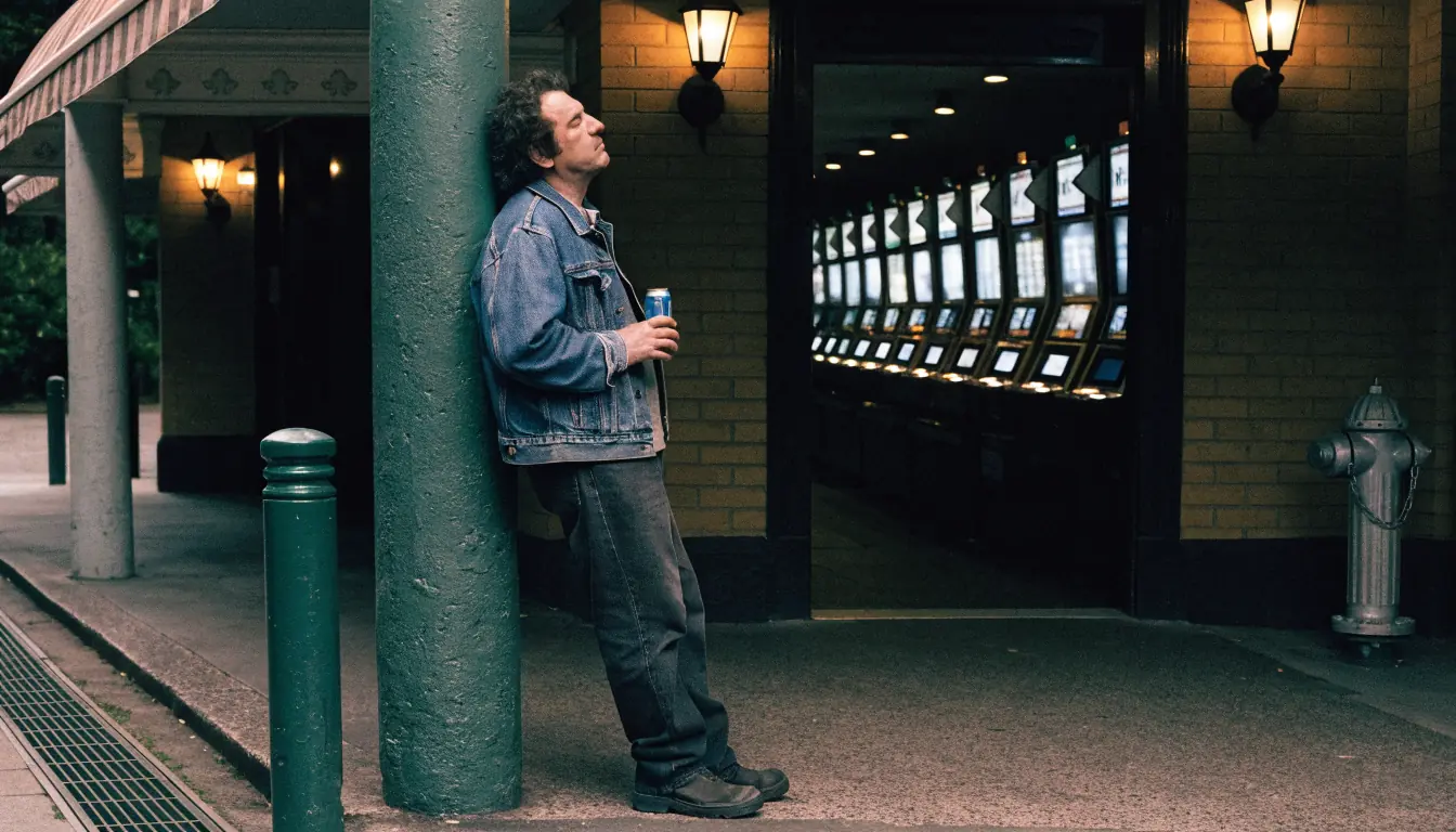 Man leaning back at lit club entrance, blurred pokies