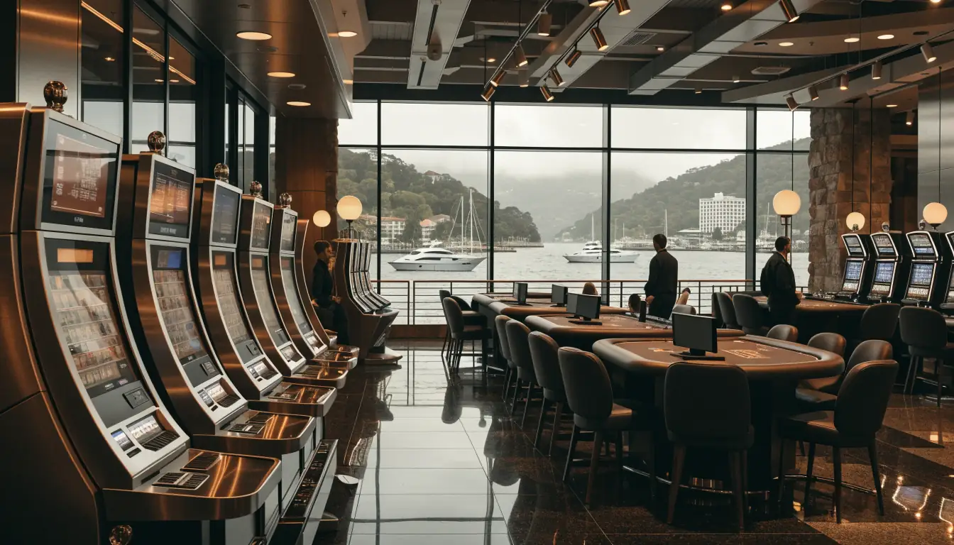 Tasmanian casino floor with slot machines and harbor view