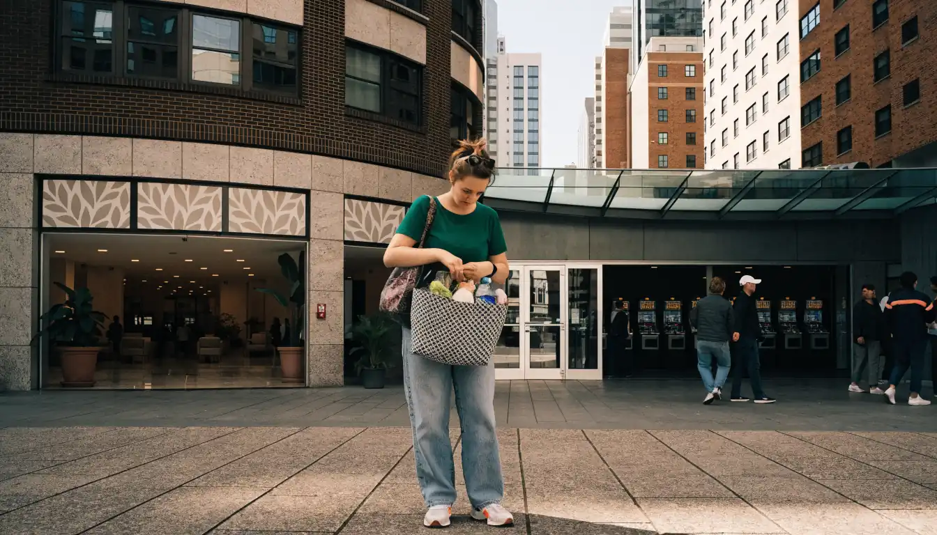 Woman adjusting bag near casino entrance