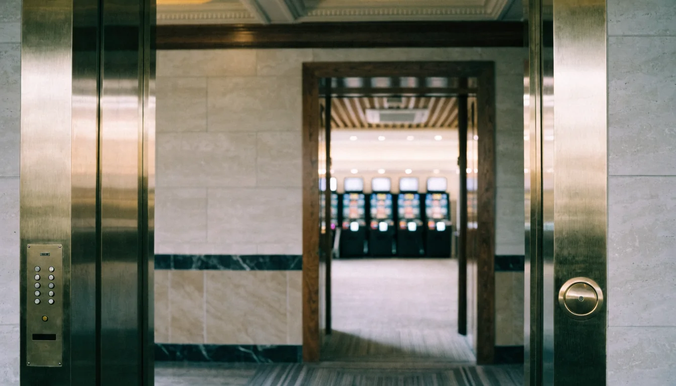 Empty hotel elevator lobby with blurred poker machines