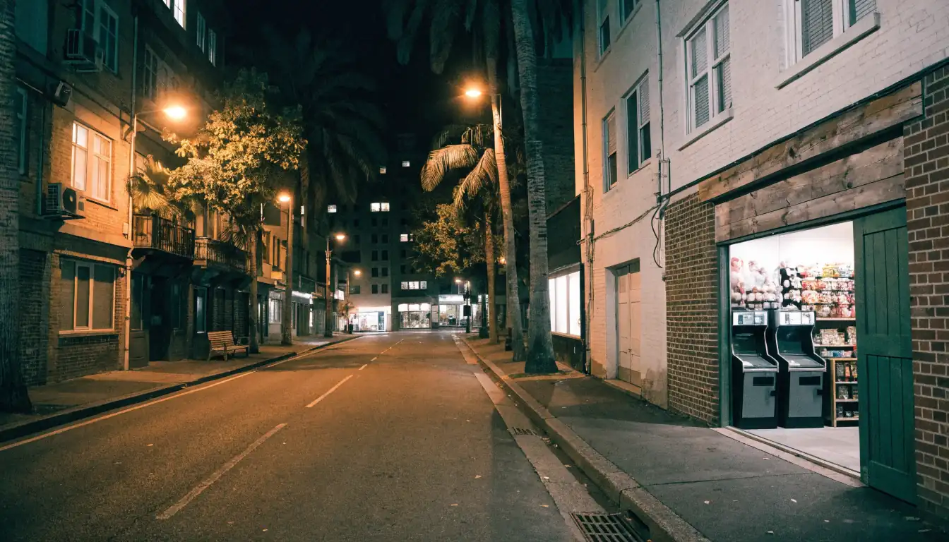 Nighttime bench on empty pedestrian approach to venue