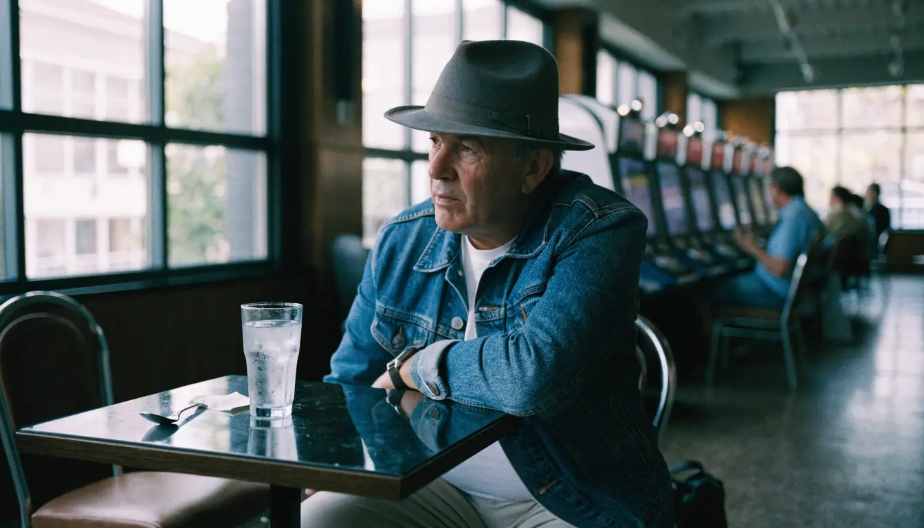 Tourist man watching distant scene in bistro