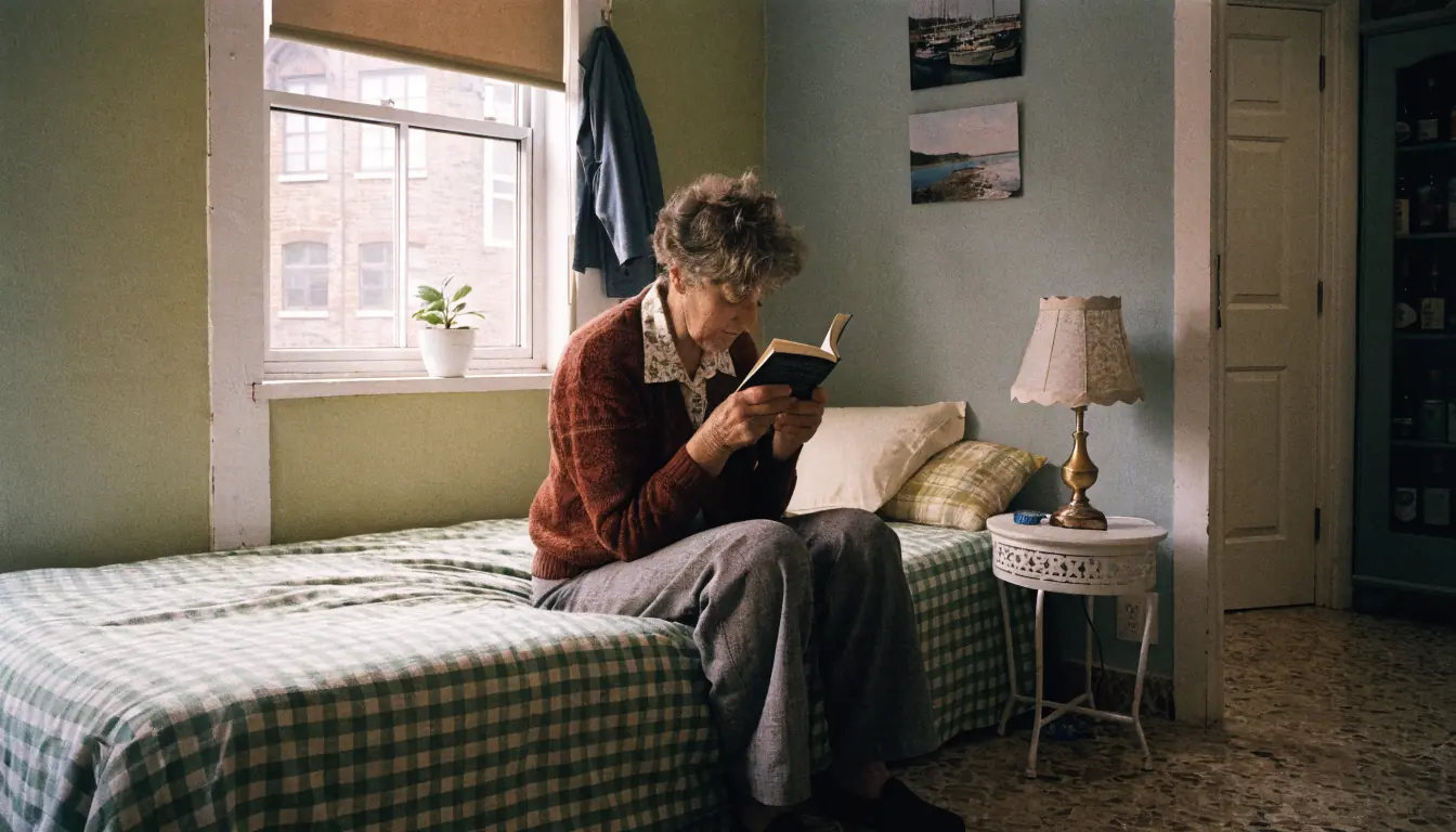 Older woman reading beside a casino chip
