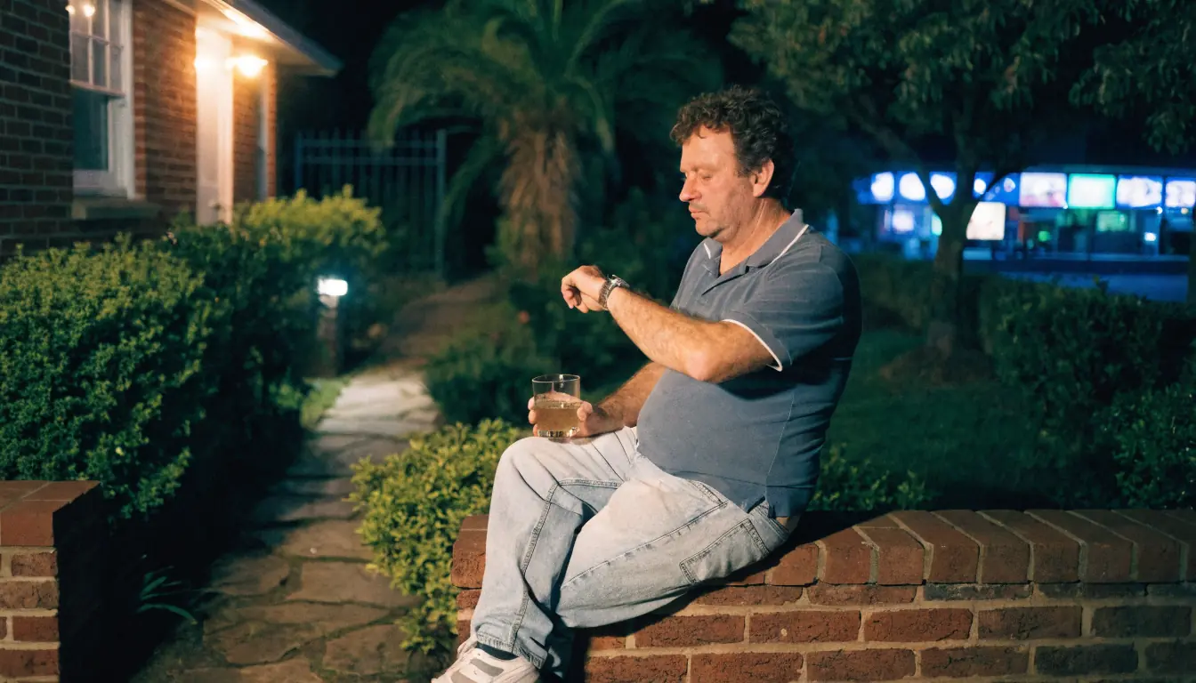 Gardener checking watch, blurred lounge behind