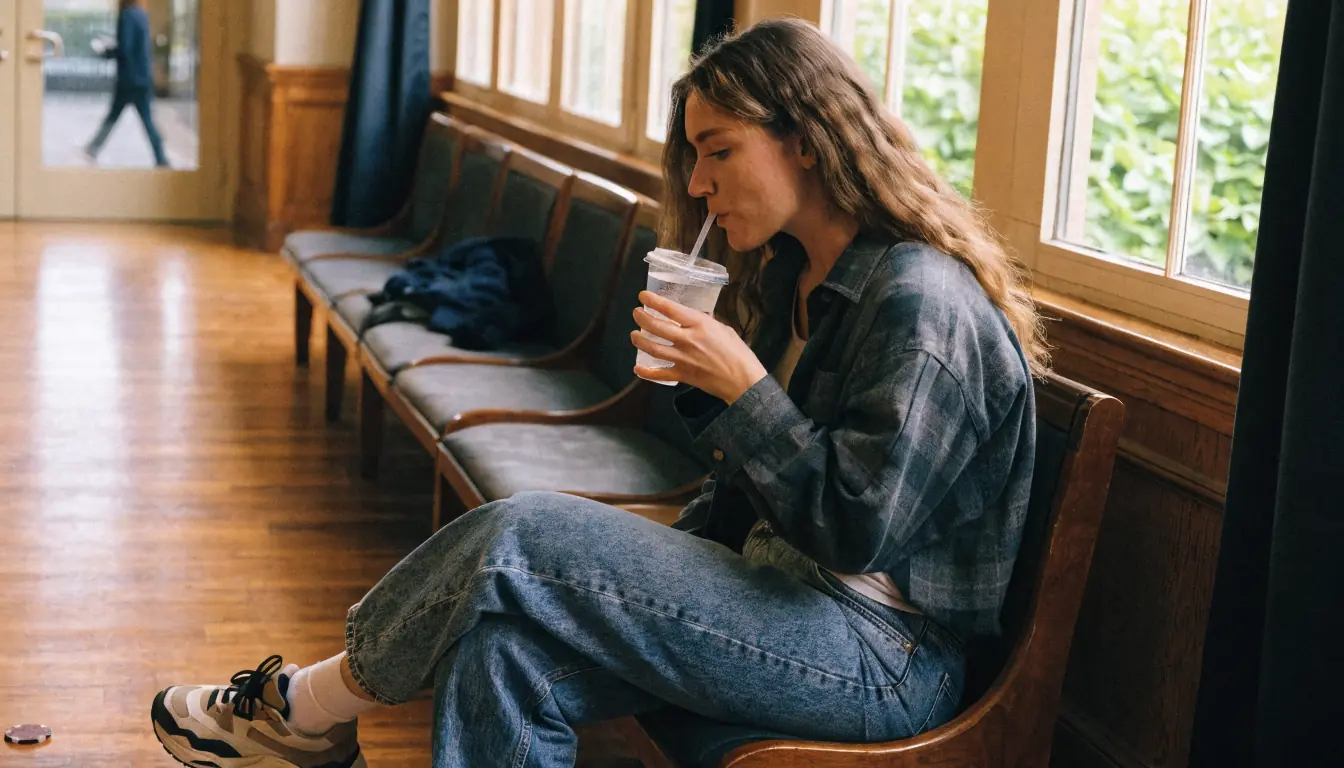 Foyer seat with woman sipping water, casino chip beside cup