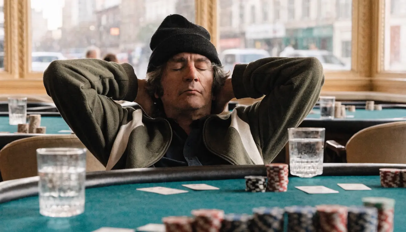 Man in poker room leans back, eyes closed