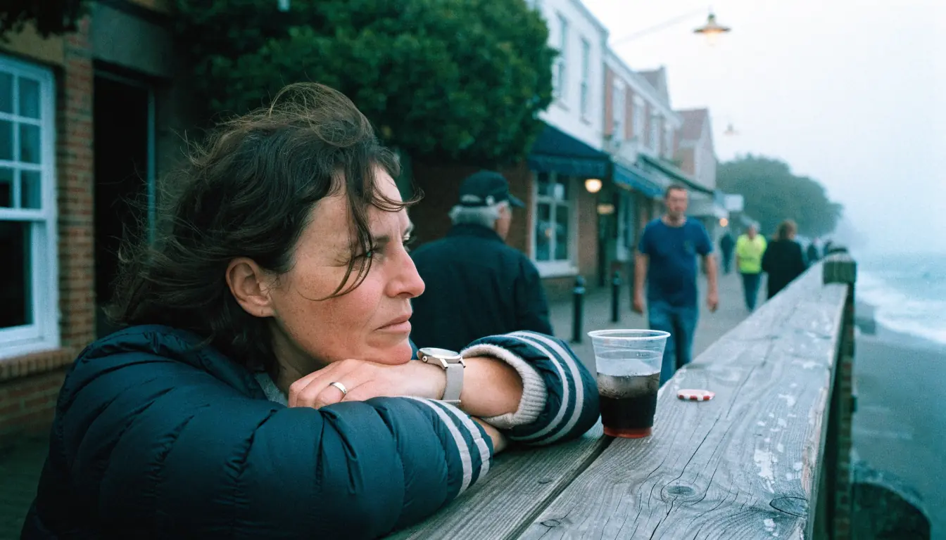 Woman at foggy pub railing with casino chip