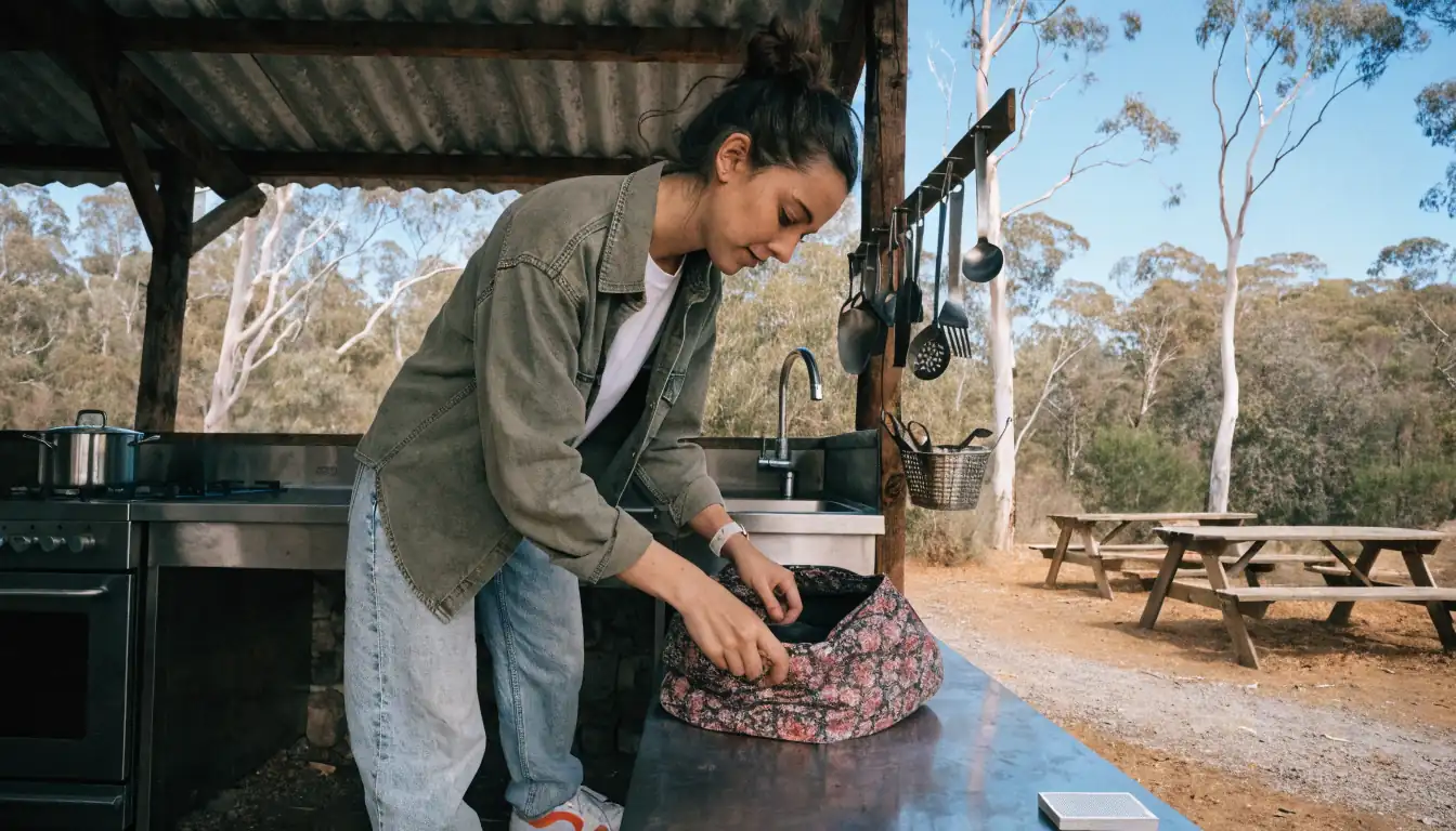 Woman sorting bag items with cards nearby