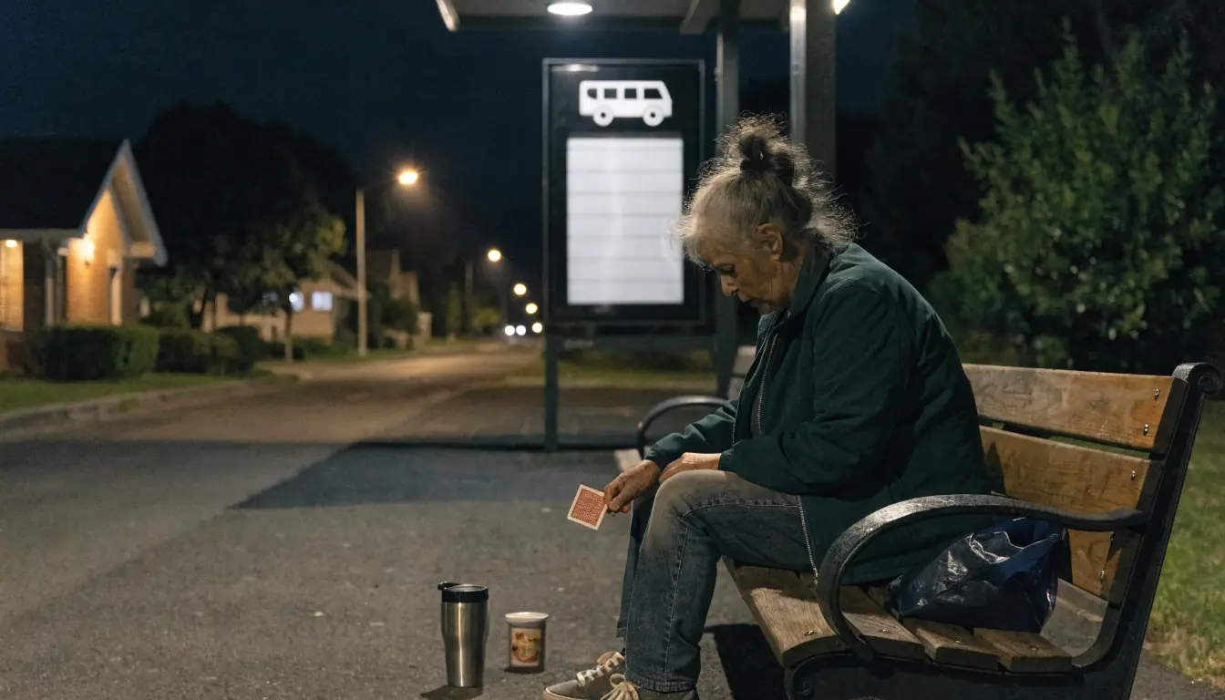 Woman in bus shelter placing a card at night.