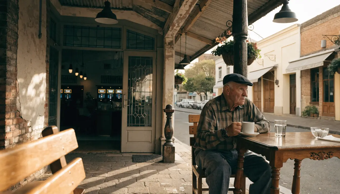 Elderly man waiting in arcade, distant poker machines.