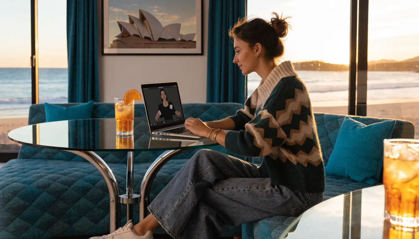 Young woman playing live casino on laptop with Australian sunset view