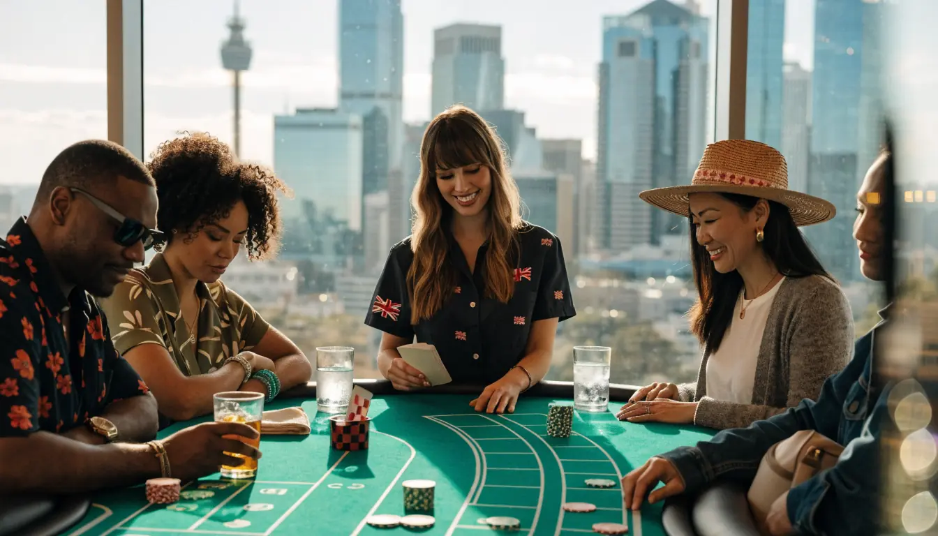 Australian casino live dealer blackjack table with sunny skyline