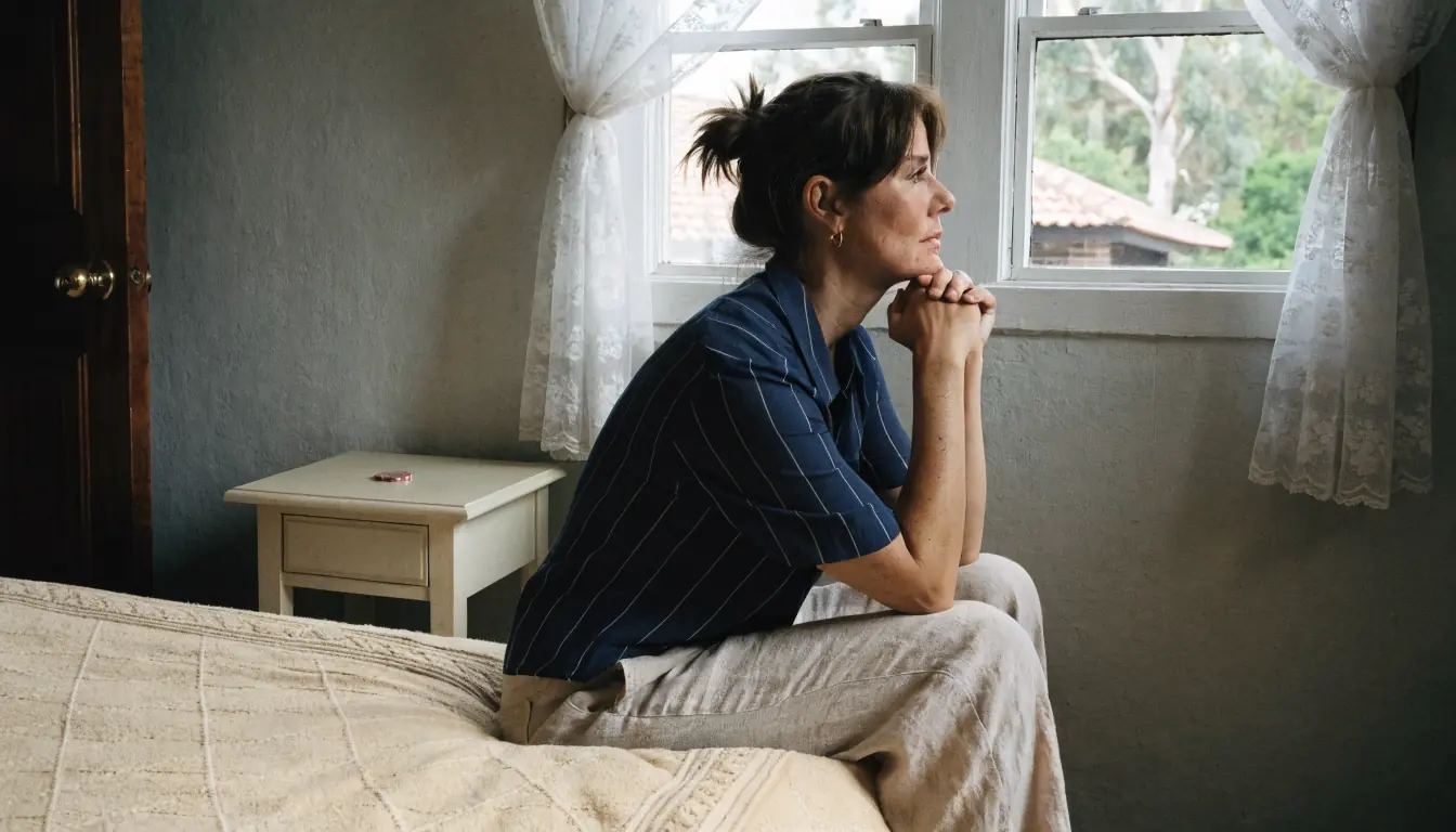 Woman gazing out window, chip on bedside table