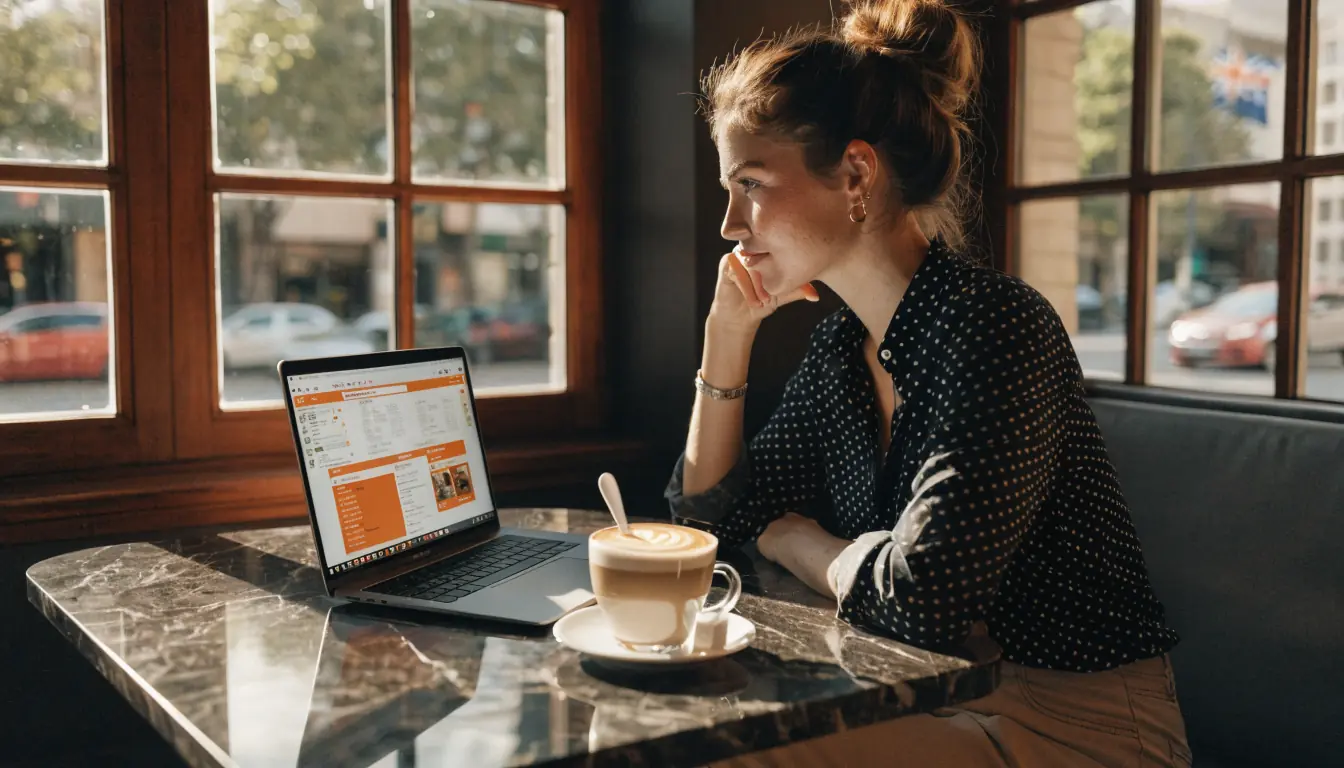 Young Australian woman gaming on laptop in café
