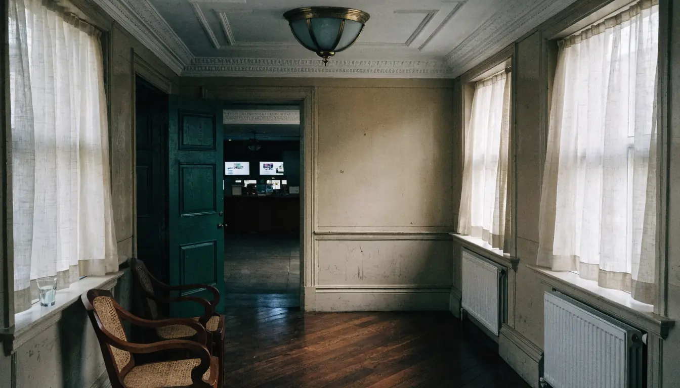 Empty hotel lobby corner with blurred gaming lounge