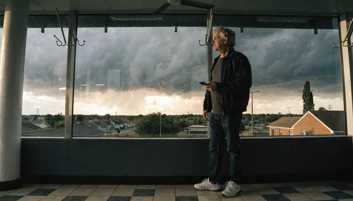 Man in transport office holding smartphone under storm light