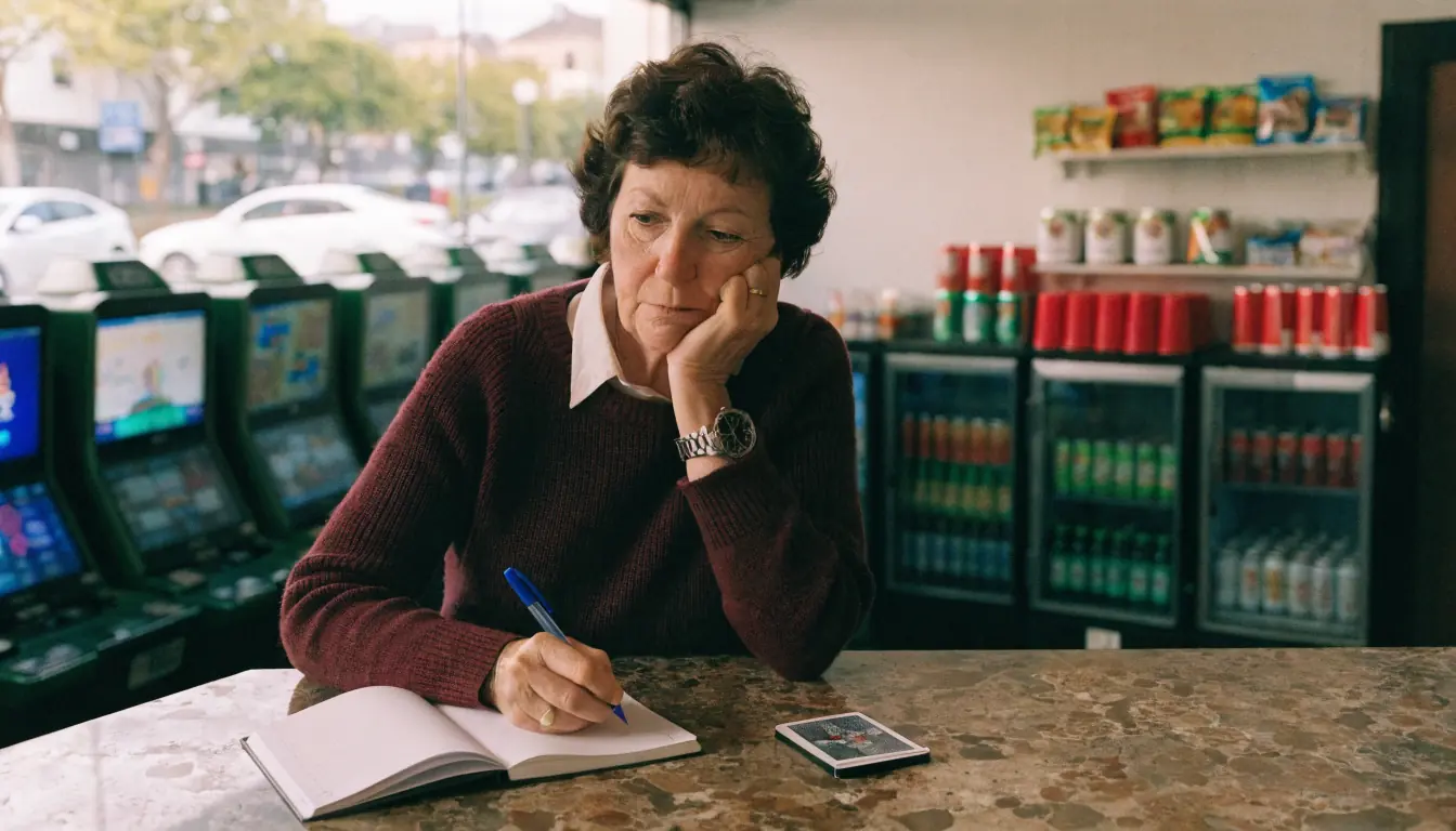 Woman sketching at snack counter with deck of cards nearby.
