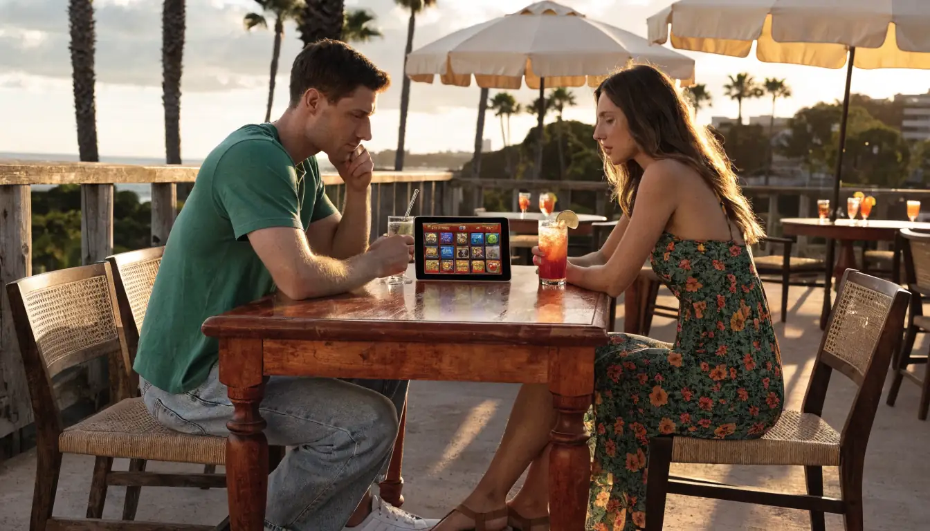 Australian couple playing Novomatic slot on tablet at beach bar