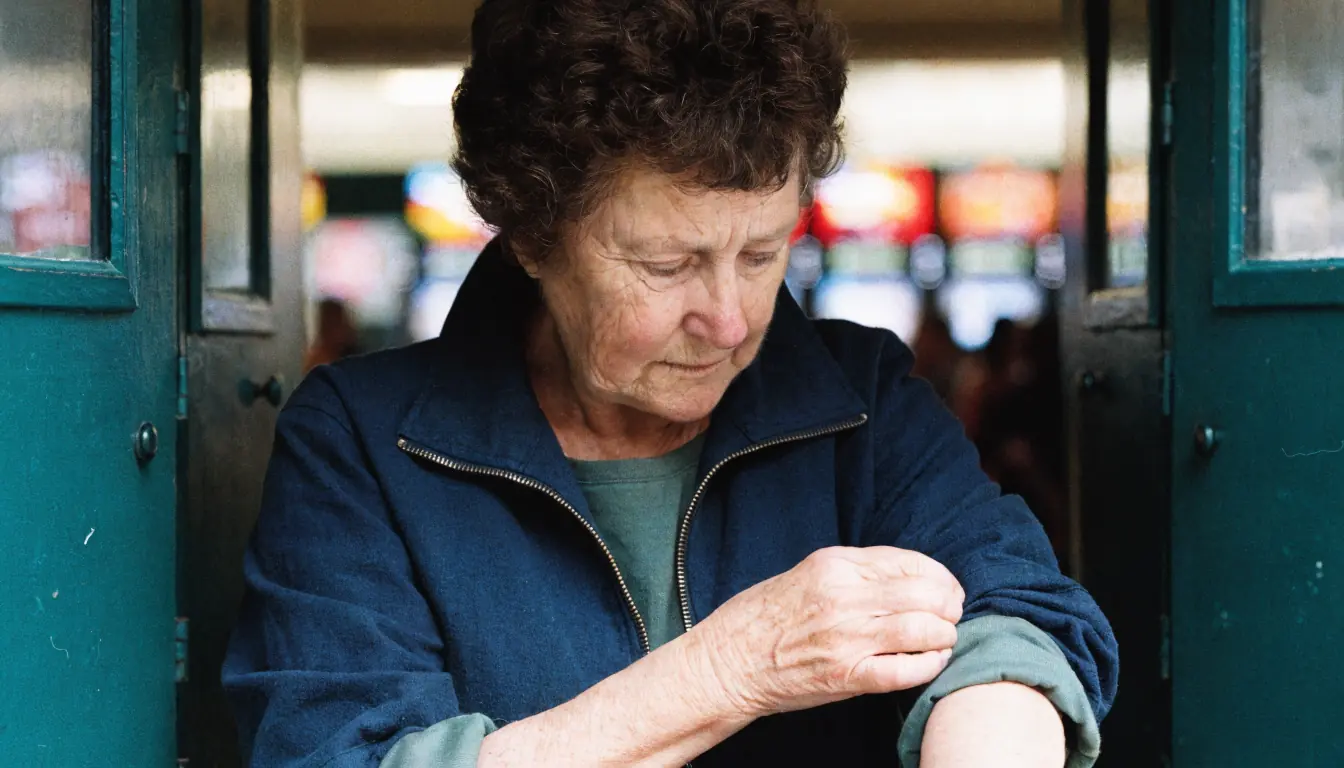Older Australian woman adjusting sleeve in locker