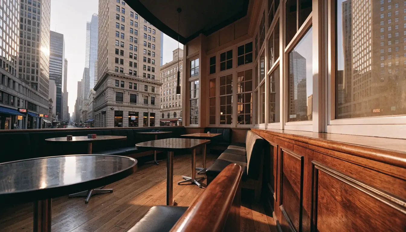 Empty golden‑hour poker lounge with chips